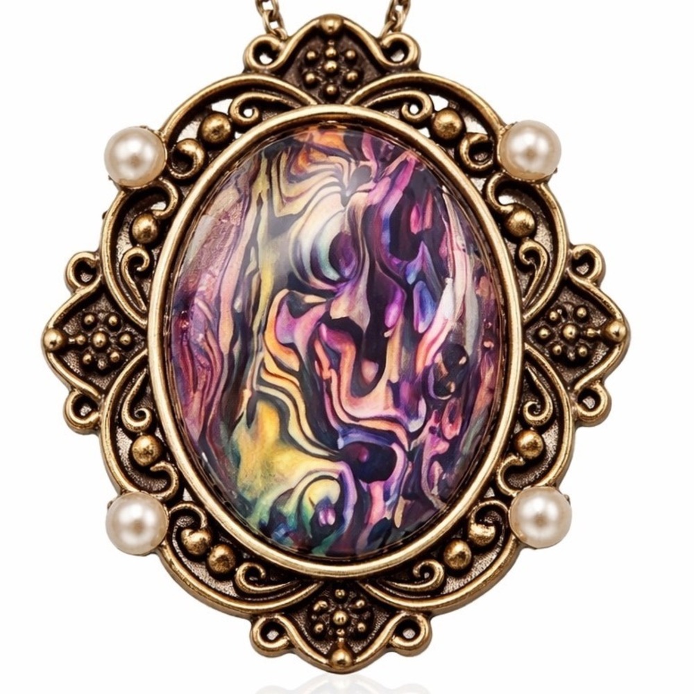Vintage Victorian Style Bronze Filigree Marbled Abstract Art Pendant Necklace